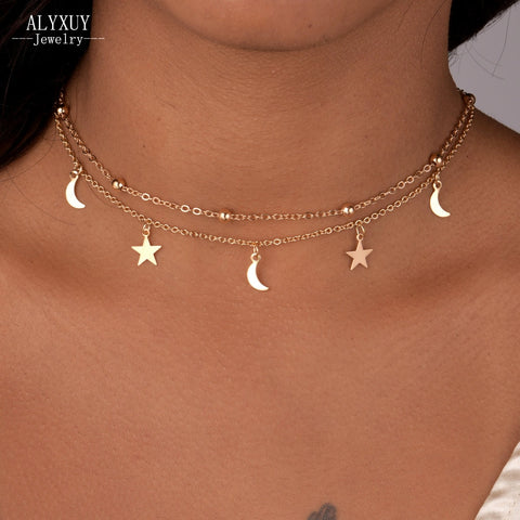 2 layer star anda moon choker necklace